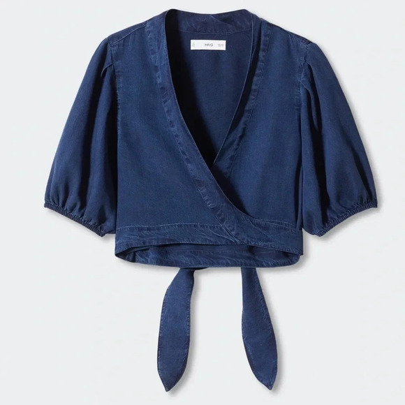 Mango Wrap Top Skirt Set Lyocell Chambray dark wash denim crop high waisted - Picture 4 of 12